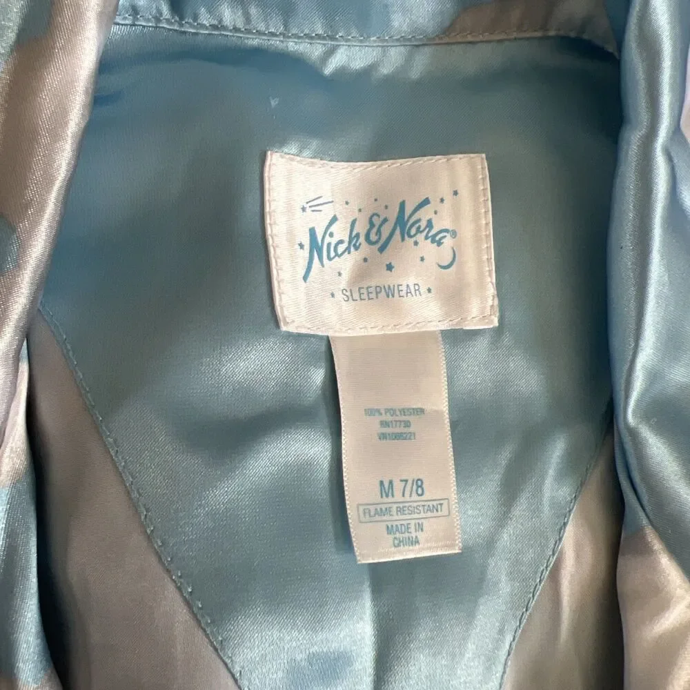 Nick and Nora Vintage Blue Cloud Print Satin Pajama Top Button Up Kids Sz M 7/8